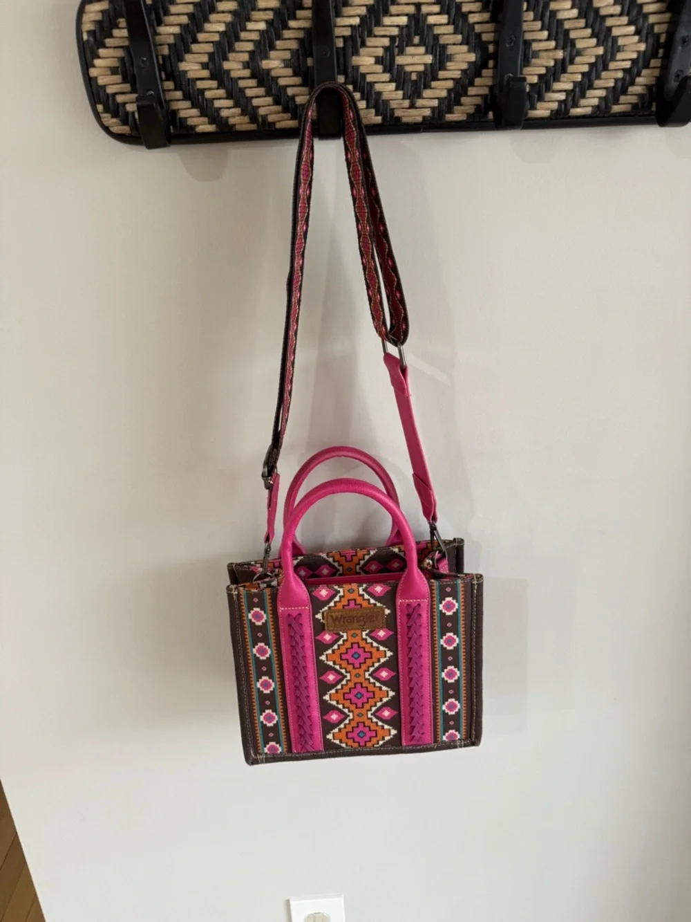 Wrangler Women's Southwestern Print Canvas Crossbody Tote Bag - Hot Pink/Brown - Picture 6 of 12